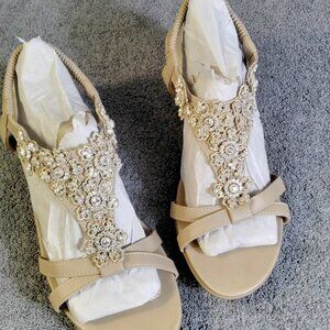 Womens Beaded Wedge Sandals Size US 10 Beige Rhinestone Floral Slingback Boho